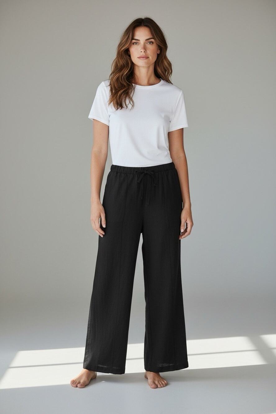 GAP Sz L Black Linen Cotton Pull On Wide Leg Pants Drawstring Elastic Waist